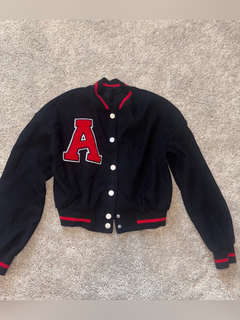 Black Cropped Letterman Varsity Jacket Red Chenille A Patch Small